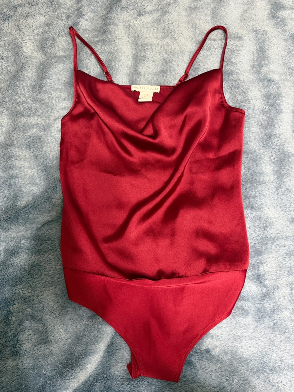 Sincerely Jules Red Satin Cowl Bodysuit